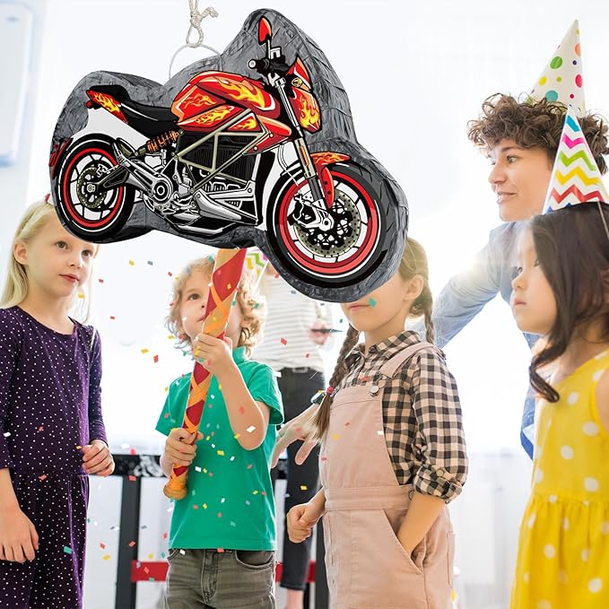 Hooqict Motorcycle Birthday Decorations Motorcycle Car Pinata with Pinata Stick & Blindfold for Kids Boys Racing Car Theme Birthday Party Supplies Decorations