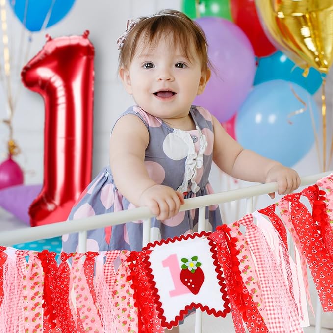 Strawberry Highchair Banner for Baby First Birthday Party Decorations Sweet Berry 1st Birthday High Chair Tassel Garland for Girls Baby Shower One Bday Strawberry Fabric Banner Backdrop Decors