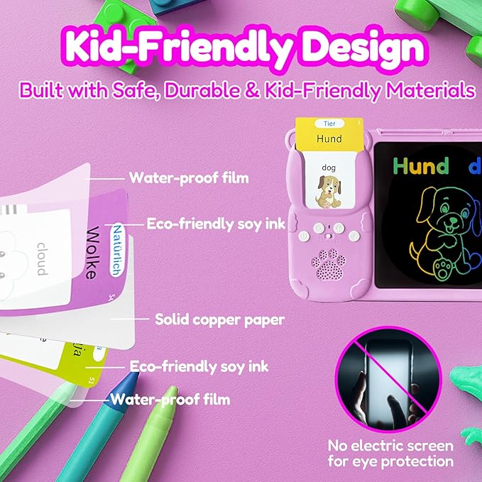 Drawing Tablet with Bilingual Flashcards for Kids - German English Talking Flash Cards, LCD Writing Pad Board, Pocket Speech for Toddlers, Learning Toy Gift for Boys Girls (German, Pink)