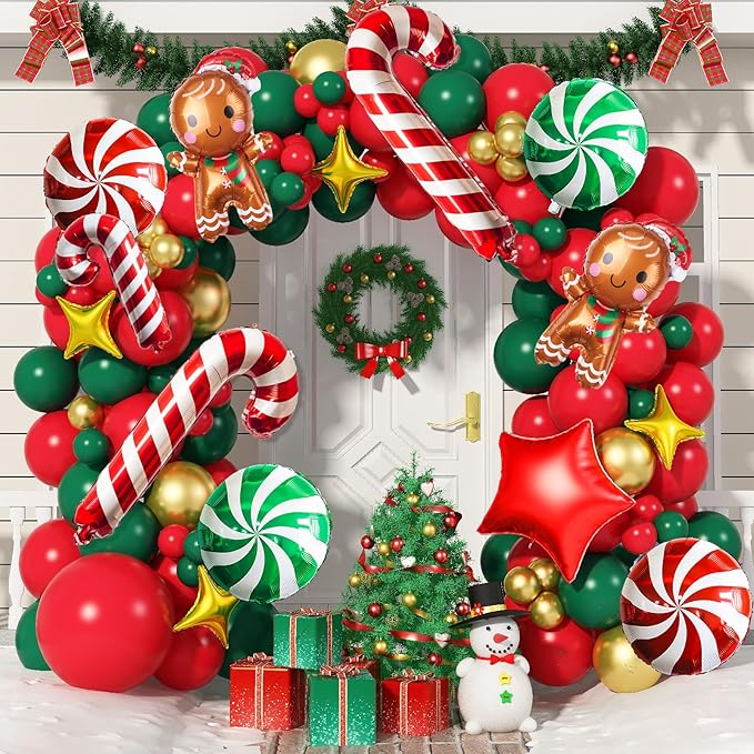 Christmas Balloon Garland Arch Kit Red Green Gold Latex Balloons Large Gingerbread Man Red Green Lollipop Candy Mini Cane Foil Balloons with Four/Five Pointed Star for Xmas New Year Party Decorations