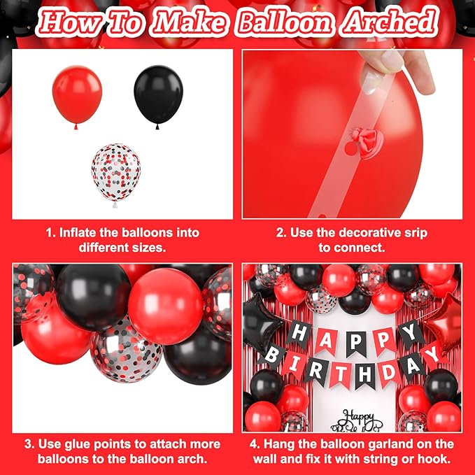 Red and Black Party Decorations, Birthday Decorations Supplies with Red Black Balloon Happy Birthday Banner Fringe Curtains Foil Balloons Cake Topper for Boys Girls Men Women Party Decor