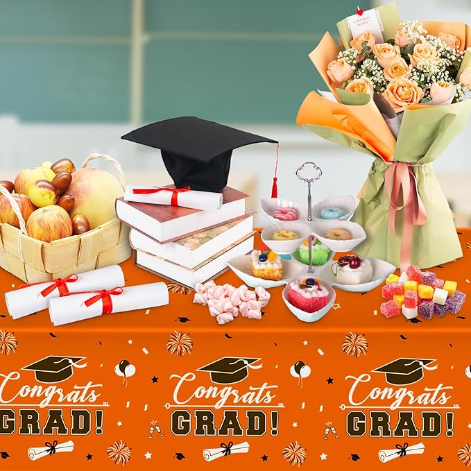 3 Pcs Graduation Tablecloth - Congrats Grad Table Cloth for Class of 2026, Disposable Plastic Rectangle Grad Table Cover for Graduation Party Decorations 2026 and Party Supplies, 54 x 108 Inch,Orange