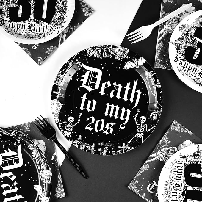 Grencian 96Pcs 30th Birthday Party Supplies Death to My 20s Plates and Napkins Disposable Rip Twenties Paper Tableware for Funeral for My Youth 30 Years Old Birthday Party Decor, Serves 24