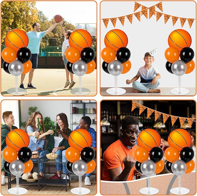 Basketball Party Balloons Stand Kit - 2 Sets With 2 Basketball Ball Foil Balloons - Basketball Themed Party Balloon Centerpiece for Tables - Game Sports Birthday Party Decorations