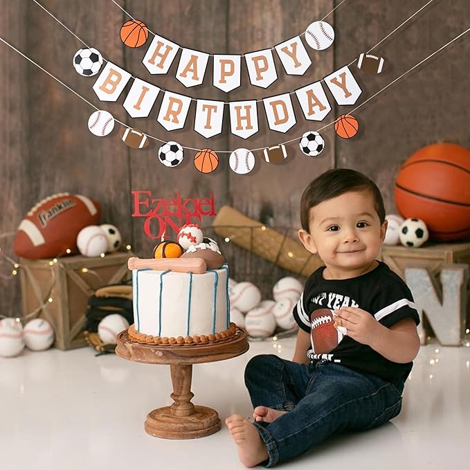 Happy Birthday Sports Banner Ball Garland Sign - High Chair Banner Birthday Decorations Party Supplies Photo Props