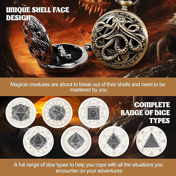 D&D Dice Set,7PCS Metal Dice for Dungeons and Dragons,Mini Dice Set with Pocket Watch Case,Role Playing Board Games Accessories (Octopus, Black)