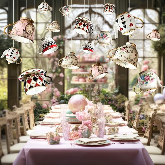 Wonderland Tea Party Decoration Teacup Hanging Banners Wonderland Teapot Themed Garland banner spring Backdrop Photo Props for Indoor Outdoor Garden Birthday Baby Shower Party Supplies
