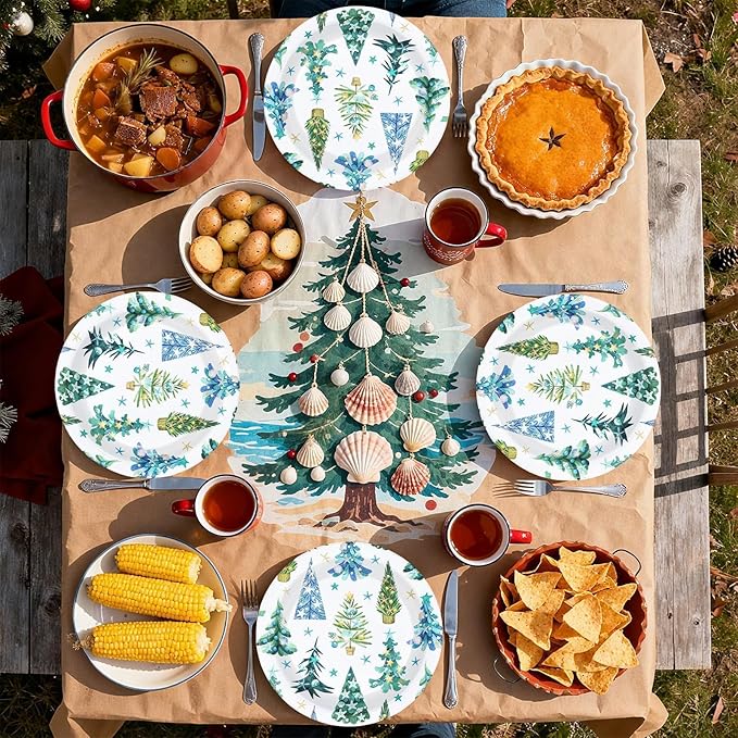 50Pcs Coastal Winter Paper Plates Seashell Beach Christmas Tree Plates 10" Large Heavy Duty Dessert Platters Blue Coastal Xmas Decorations for Ocean Merry Christmas Xmas Holiday Party Supplies