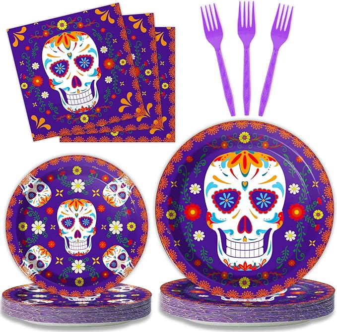96 Pcs Day of The Dead Tableware Set Colorful Skull Marigold Decors Mexican Fiesta Theme Party Dessert Plates Napkins Forks for Day of The Dead Party 24 Guests