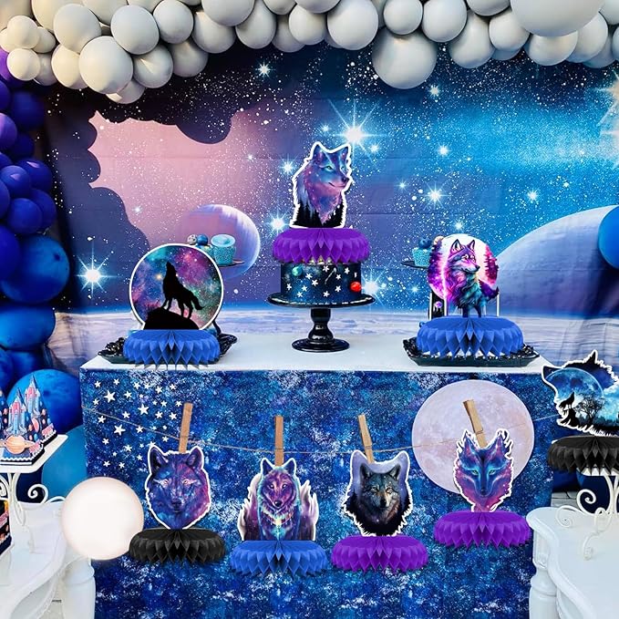 8 Pcs Galaxy Wolf Birthday Party Decoration, Starry Sky Wolf Theme Honeycomb Centerpieces 3D Double Sided Table Decorations, Animal Wolf Photo Booth Props for Kids Boys Girls Party Supplies
