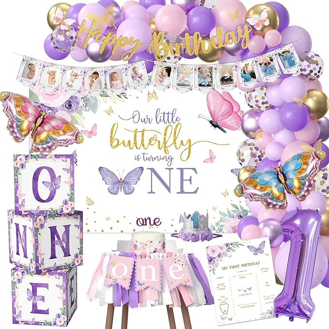 Xigejob Butterfly First Birthday Decorations Girl - Butterfly 1st Birthday Party Supplies, Include Balloon Arch, Backdrop, Balloon Box, Highchair Banner, Hat, Photo Banner