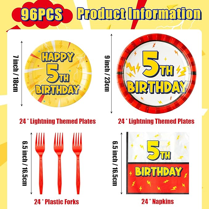 5th Birthday Party Supplies - 96pcs Paper Plates Napkins Plastic Forks Kids Girls Boys Little Birthday Party Table Decorations Lighting Themed Disposable Cake Tableware Set for 24 Guests