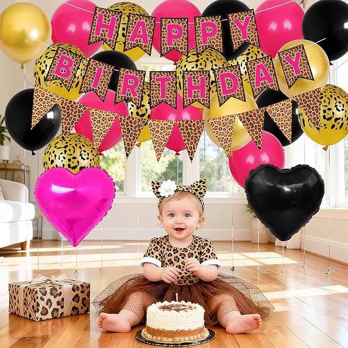 Leopard Print Happy Birthday Decorations, Gold Cheetah Print Animal Balloons Black Gold and Pink Heart Balloon with Birthday Banner for Safari Wild Birthday Baby Shower Jungle Zoo Theme Party Supplies