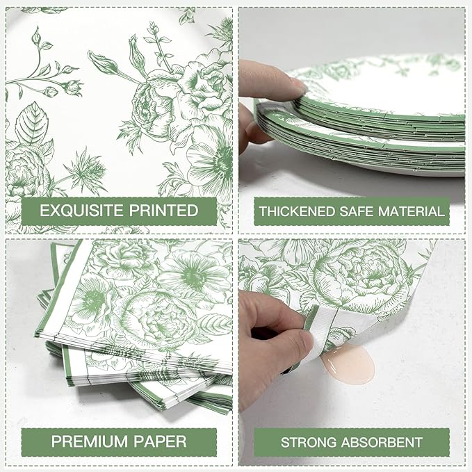 180pcs Sage Green Floral Plates and Napkins Set,Sage Green Party Decorations for Bridal Baby Shower Wedding Tea Party Supplies,Serve 60 Guests