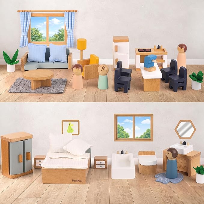 PairPear Wooden Toys Dollhouse Furniture Playset,35 Piece Furnitures with Family Dolls,Doll House Accessories Pretend Play Gift for Girls and Boys 3 Year and Up