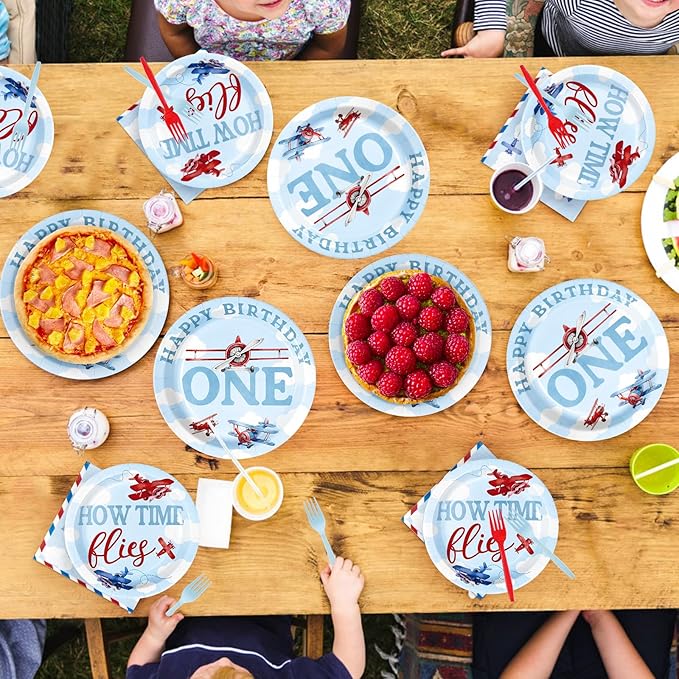 96Pcs Airplane 1st Birthday Decorations for Boys Red & Blue Airplane First Birthday Plates and Napkins Sets How Time Flies Party Decorations for Girls Baby Shower One Years Old Supplies Serve 24