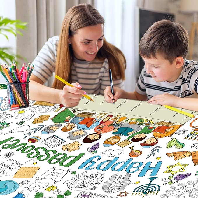 Happy Passover Large Coloring Tablecloth Poster for Kids, Pesach Jumbo Coloring Paper Poster Sheets, Passover Color-in Craft Activities for Kids Festive Seder Party Supplies Decorations, 30 x 72Inch