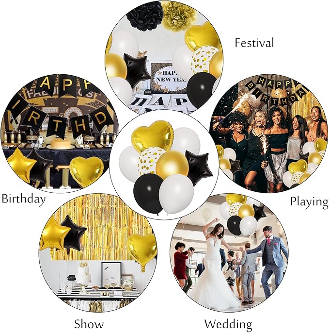 Amandir Black Gold Birthday Decorations for Men Women Black Gold White Confetti New Year Balloons Happy Birthday Banner Pom Poms Metallic Fringe Curtains 18th 30th 40th 50th 60th Party Supplies