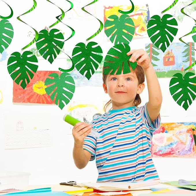32 Pcs Hawaiian Luau Party Palm Leaves Swirl Decorations Hanging Ceiling Green Decoration Tropical Party for Summer Baby Shower Birthday Supplies (Cute Style)