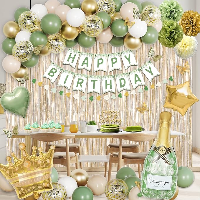 Ouddy Life Sage Green Birthday Decorations Green White Gold Confetti Balloon Fringe Curtain Happy Birthday Banner Cake Topper for Women Girls Boys Neutral Boho Safari Wild Party Supplies