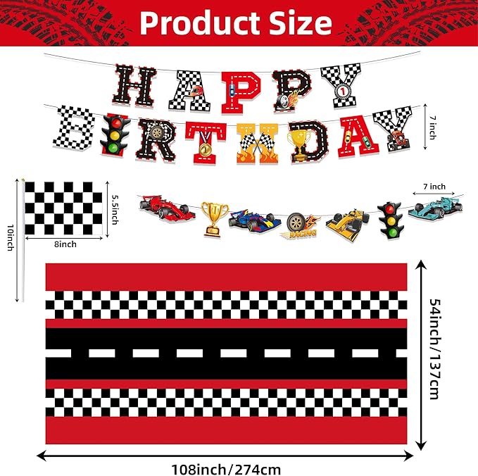 XIPEGPA Race Car Party Decorations - Happy Birthday Banner, Tablecloths for Race Car Birthday, Baby Shower Party Supplies (Red, Extra Large)