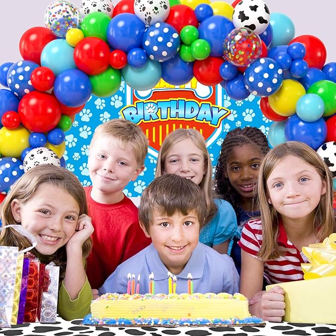 Winrayk 156Pcs Dog Paw Birthday Party Decorations Supplies for Boys Kids Teen, Blue Paw Print Balloon Arch Kit & Backdrop & Tablecloth & Dog Bone Foil Balloons, Puppy Theme Birthday Party Decorations