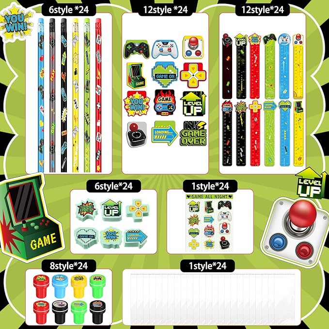 Cholemy 168 Pcs Video Game Party Favors Include Gaming Mini Notebook Gamer Birthday Sticker Pencil Stamper Ruler Eraser for Boy Teen Game Gifts Classroom Rewards Favor Party Supplies Decor(Bright)