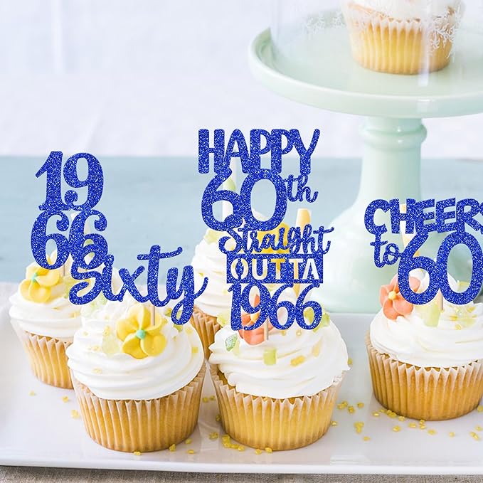 30 PCS 60th Birthday Cupcake Toppers Glitter Sixty Happy 60 Straight Outta 1966 Cupcake Picks for Cheers to 60 Fabulous 60th Birthday Anniversary Party Cake Decorations Supplier Blue