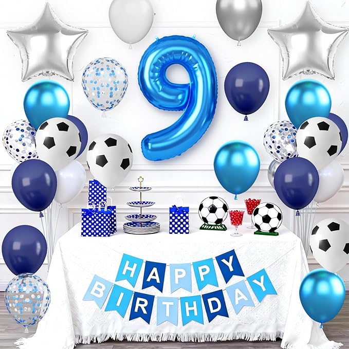 Soccer Party Decorations for Boys, 9th Soccer Birthday Decoration with Blue White Silver Balloons 'HAPPY BIRTHDAY' Banner Cake Toppers 32in Foil 9 Balloon for Boys Birthday Decor