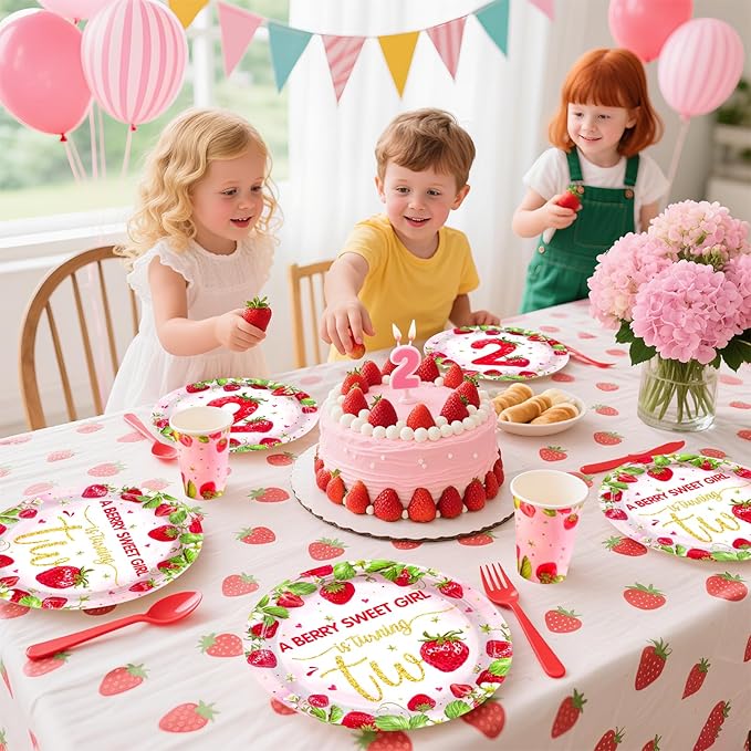 168Pcs Strawberry 2nd Birthday Party Decorations A Berry Sweet Girl is Turning Two Plates Napkins Cups Forks Knives Spoons Disposable Paper Tableware for Birthday Baby Shower Party Supplies Serves 24