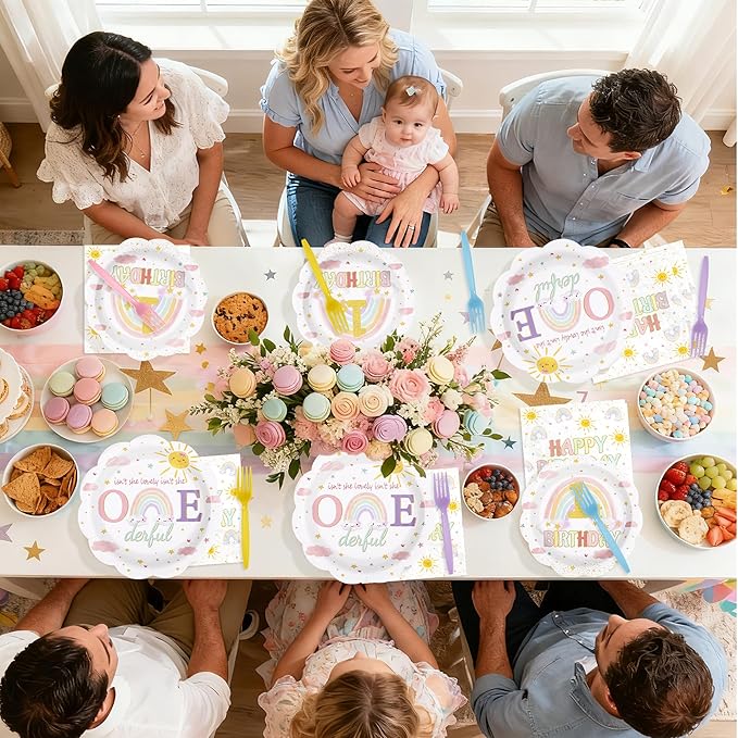 96Pcs Isn't She Onederful Birthday Party Decorations Isn't She Lovely First Birthday Paper Plates and Napkins Set Rainbow 1st Birthday Decoration for Girls One Year Old Bday Party Supplies Serves 24