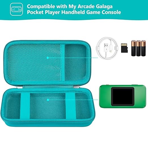 Supmay Hard Travel Case for My Arcade Galaga Pocket Player Handheld Game Console, Portable Video Game System Handheld Game Protection Case with Mesh Pocket for Batteries and USB-C Cable, Green+Green