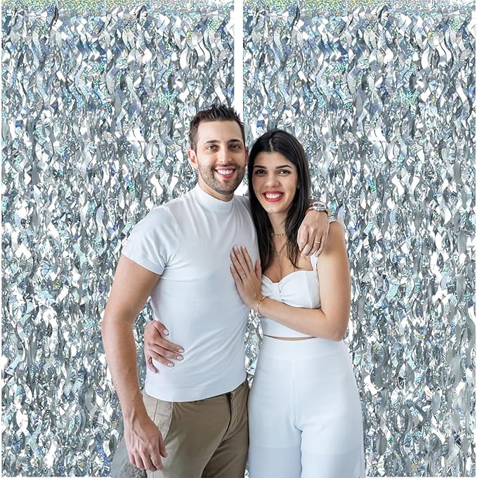2 Pack Silver Wavy Foil Fringe Curtains, 3.3x6.6 Ft Metallic Tinsel Wavy Backdrop Party Decorations Door Silver Streamers for Birthday Wedding Engagement Decor,Party Supplies
