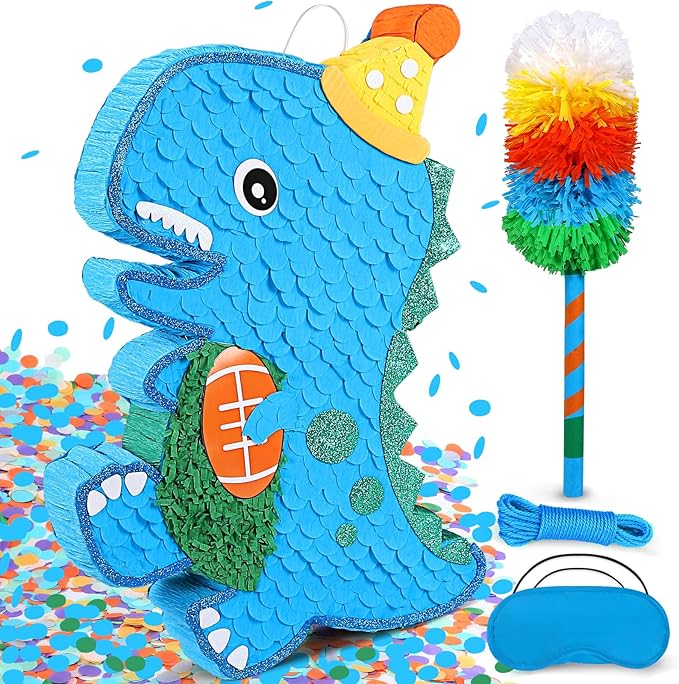 24" Large Dinosaur Pinata Bundle with a Blindfold, Bat and Rope, Dino Baby with Football Decorations for Boy Animal Theme Birthday Party