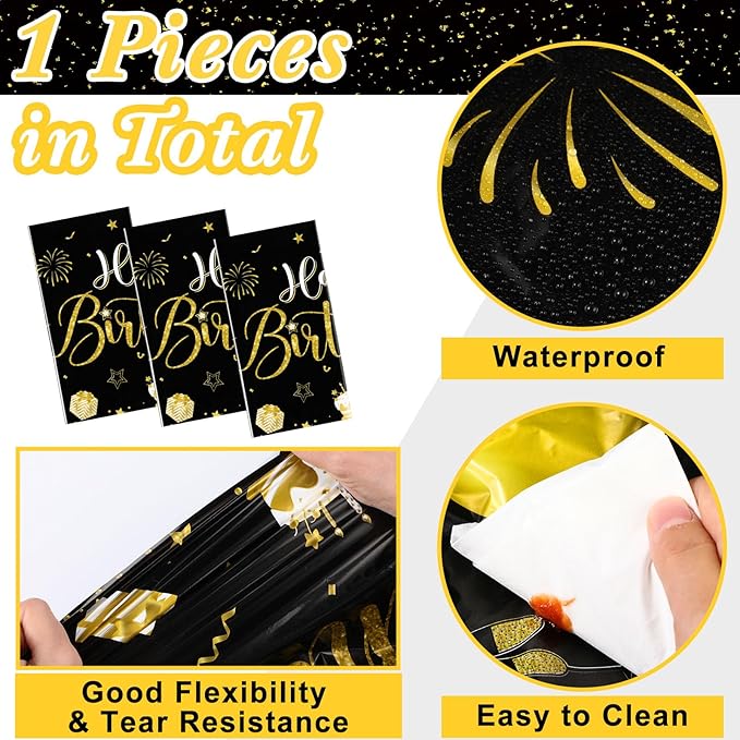 Tudomro 1 Pcs Happy Birthday Tablecloths Happy Birthday Party Decorations Plastic Table Cover Rectangular Cloths for Women Men Baby Shower Party Supplies, 108 x 54 Inch (Black Gold)