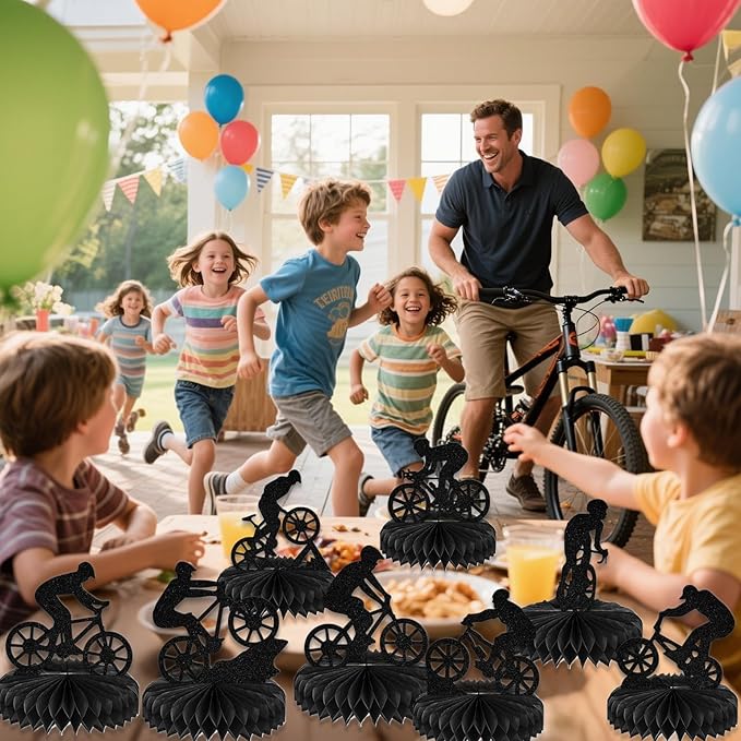 8Pcs Bike Honeycomb Centerpiece Bicycle Birthday Table Decoration Mountain Bike Birthday Party Decoration Sport Theme Birthday Bachelorette Party Supplies Double-Side Black Glitter