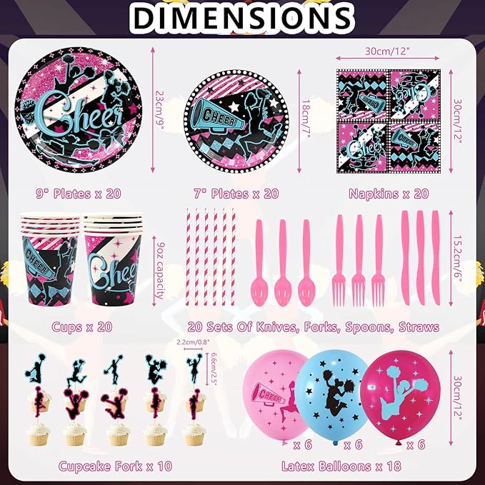 Cheerleading Party decoration, Cheerleading birthday Party Supplies Packs, Gymnastics PartyCheer Party Supplies include Background, Plates, Balloons, Cheerleading Party Set Serves 20 (Background)