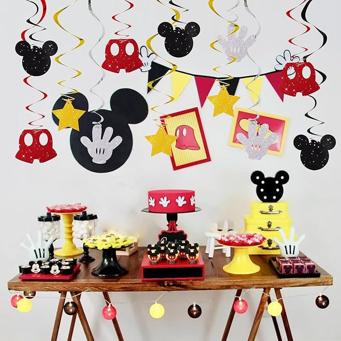 BEISHIDA 16 Pcs Mouse Hanging Swirl Decorations, Pre-Strung Mouse Birthday Party Decorations Red Gold Black Mouse Themed Birthday Party Supplies for Kids
