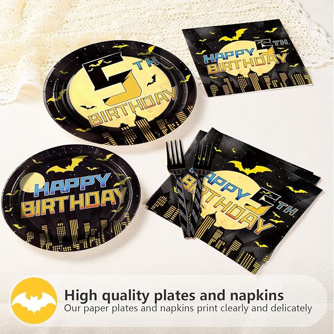 96Pcs Bat 5th Birthday Decorations Cartoon Bat Hero Plates and Napkins Sets Bats Birthday Party Decorations for Boys Girls 5 Years Old Super Theme Hero Bats Party Supplies Serves 24