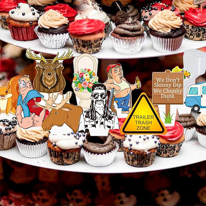 Hillbilly Cupcake Toppers Trailer Trash Party Decorations Trailer Trash Cake Decorations Southern Mullet Man Cupcake Picks for Funny Chunky Dunk Party Supplies