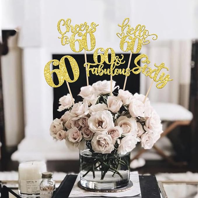 15PCS Happy 60th Birthday Centerpiece Sticks Hello 60 Fabulous Table Flower Centerpieces Sticks Sixty Cheers to 60 Years Floral Decoration for Happy 60th Birthday Party Centerpieces Sticks Gold