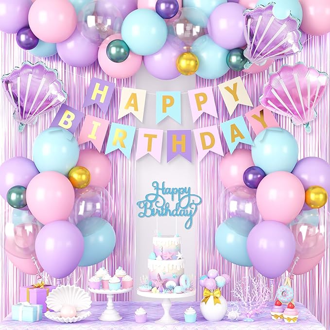 Mermaid Birthday Decorations Supplies, Purple Pink Teal Blue Balloons Happy Birthday Banner Cake Topper Shells Foil Balloon Pink Fringe Curtain for Women Girls Kids Party Decorations