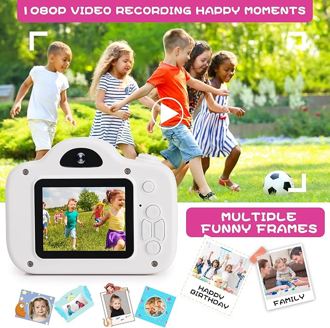 Kids Camera, Christmas Birthday Gifts for Children Age 3-8, HD Digital Video Cameras for Children, Portable Toy for 3 4 5 6 7 8 Year Old Kid with 32GB SD Card and Cute Children's Camera Bag (White)
