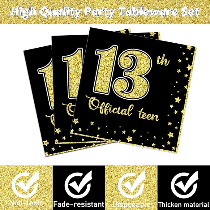96 Pieces 13th Birthday Tableware Set Official Teenager 13th Disposable Plates Black Gold Birthday Party Plates Napkins Forks for Teenager Boys Girls 13 Year Old Party Favor 24 guests