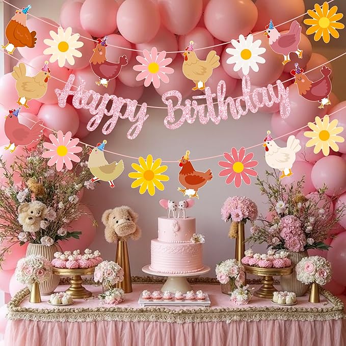 Chicken Themed Birthday Party Supplies Daisy Chicken Happy Birthday Banner Pink Glitter Floral Little Chick Party Decoration Hen Themed Cutout Banners for Girls Farm Animal Bday Baby Shower Supplies