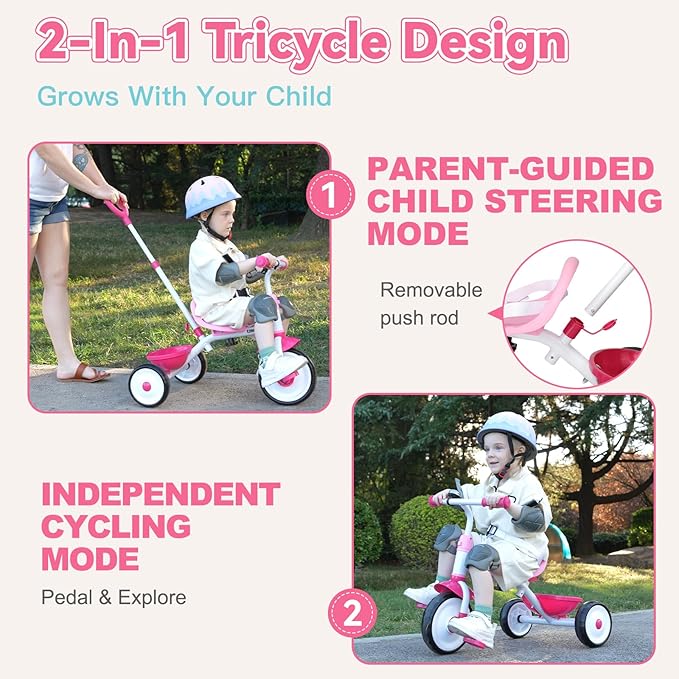 Liberry 2 in 1 Toddler Tricycle Age 2 3 4 Years Old, Kids Trike with Adjustable Push Handle, Bell & Basket, 3 Wheel Bike Riding Toy Birthday Gift for Girls Boys, Pink