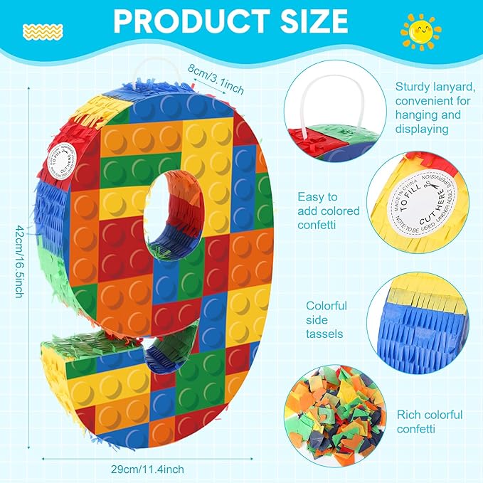 Number 9 Building Blocks Piñata 16.5 Inch 5th Birthday Party Supplies Party Decorations Piñata with Confetti Blocks Theme Fiesta Anniversary Celebration
