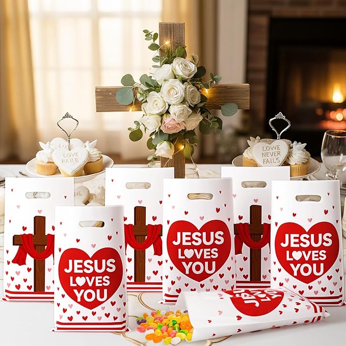 Jesus Loves You Party Favor Bags - 50Pcs Red Heart Jesus Cross Christian Goody Candy Treat Bags for Baptism Party Decorations for Valentine’s Day Religious Church Sunday School Birthday