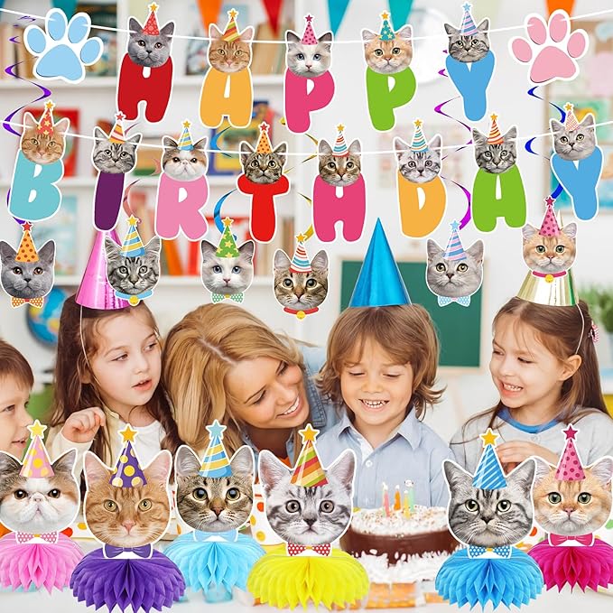 Cat Themed Birthday Decorations Cat Party Supplies, Includes 1 Birthday Banner, 6 Honeycomb Centerpieces, 6 Hanging Swirls with 6 Cutouts (Colorful Style)