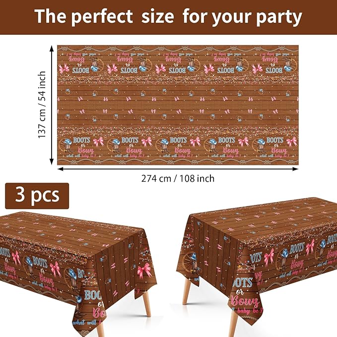 3Pcs Boots or Bows Gender Reveal Tablecloth What Will Baby Be He or She Table Cover Plastic Rectangle Blue or Pink Table Cloth for Western Cowgirl Cowboys Gender Reveal Party Supplies 54" x 108"